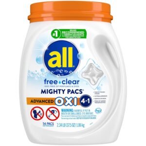 all Laundry Detergent Pacs, Mighty Pacs with OXI Stain Removers and Whiteners, Free Clear, Unscented and Dye Free, 56 Count all Laundry Detergent Pacs, Mighty Pacs with OXI Stain Removers and Whiteners, Free Clear, Unscented and Dye Free, 56 Count