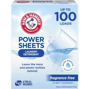 ARM & HAMMER Power Sheets Laundry Detergent, Fragrance Free, Dermatologist Tested Concentrated Laundry Detergent Sheets, 50 Count, up to 100 Small Loads ARM & HAMMER Power Sheets Laundry Detergent, Fragrance Free, Dermatologist Tested Concentrated Laundry Detergent Sheets, 50 Count, up to 100 Small Loads