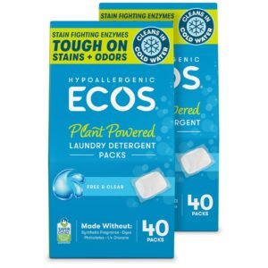 ECOS Laundry Detergent Packs, 80 Loads - 100% Plastic Free Packaging - Convenient No Mess Washing Soap Packs - Hypoallergenic for Sensitive Skin - Free & Clear ECOS Laundry Detergent Packs, 80 Loads - 100% Plastic Free Packaging - Convenient No Mess Washing Soap Packs - Hypoallergenic for Sensitive Skin - Free & Clear
