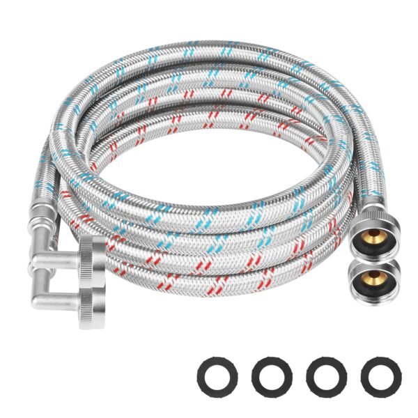 Stainless Steel Washing Machine Hoses With 90 Degree 8FT Elbow Universal Fit to All Hot and Cold Water Supply for Washing Machines (2 Pack) -5 Years Quality Assurance Stainless Steel Washing Machine Hoses With 90 Degree 8FT Elbow Universal Fit to All Hot and Cold Water Supply for Washing Machines (2 Pack) -5 Years Quality Assurance